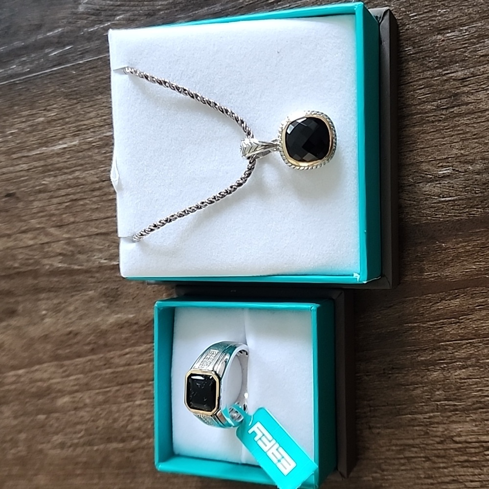 Effy 925 Sterling Silver and 18K Yellow Gold Plated Onyx Pendant and Ring